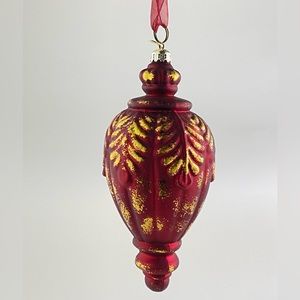 Frontgate Holiday Collection Glass / Burgundy Red and Gold Pendant Ornament 8”